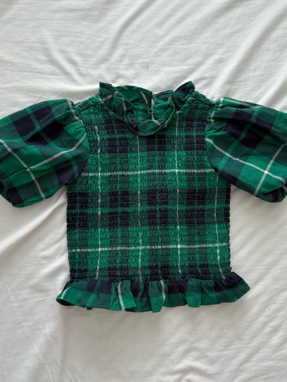 Janie and Jack Green and Navy Plaid Smocked Puff-Sleeve Blouse